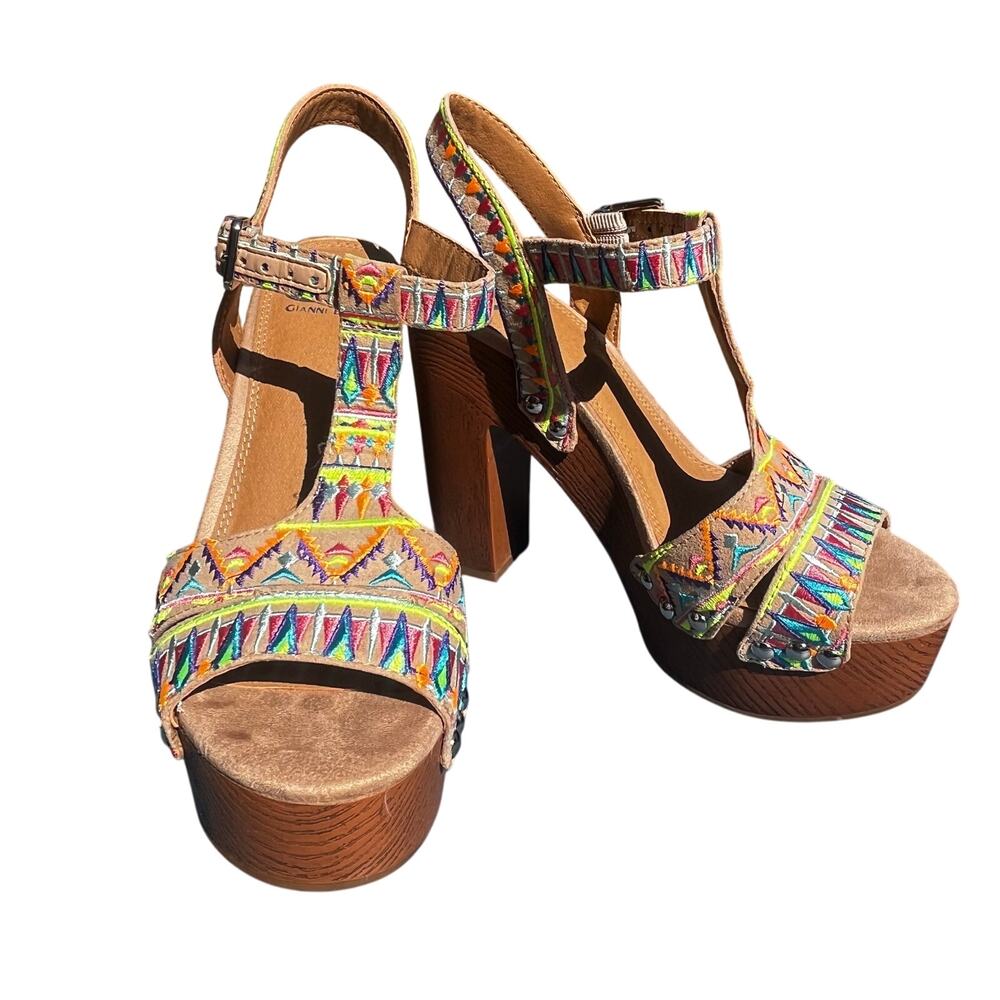 Gianni Bini Retro Glam Aztec Print High Heel shoes Multi Color Sz 7.5